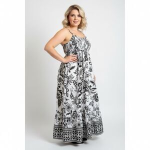 Boho Floral Tiered Maxi Dress 2XL- Black & White Botanical Print